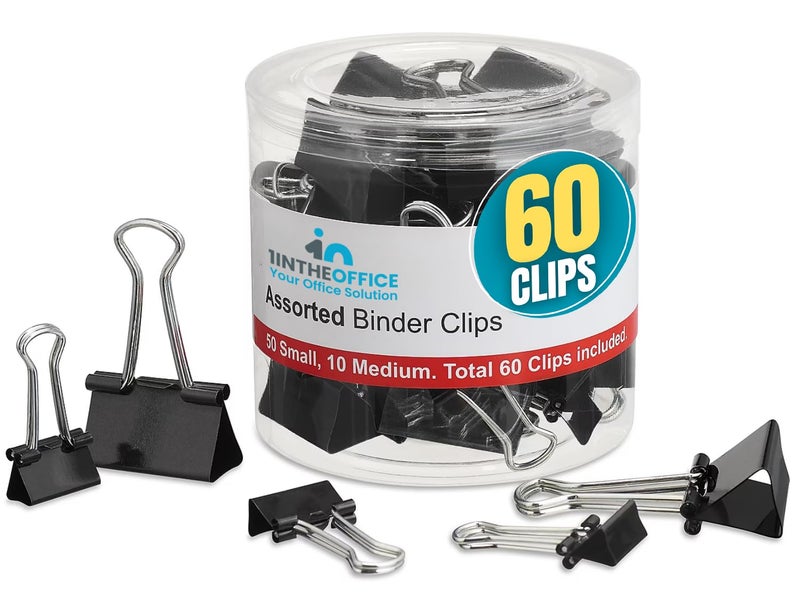 1InTheOffice Binder Clips Assorted Sizes, Assorted Binder Clips, Binder Paper Clips, Small and Medium Sizes, Black, 60 Pack - Image 1
